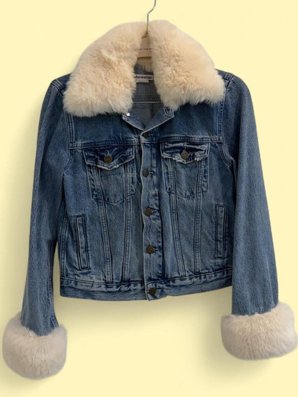 NWOT SMALL Reformation Denim Jacket with Faux Fur Trim